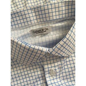Collars & Co Polo Shirt XL Relaxed Blue White Check Short Sleeve Semi Spread